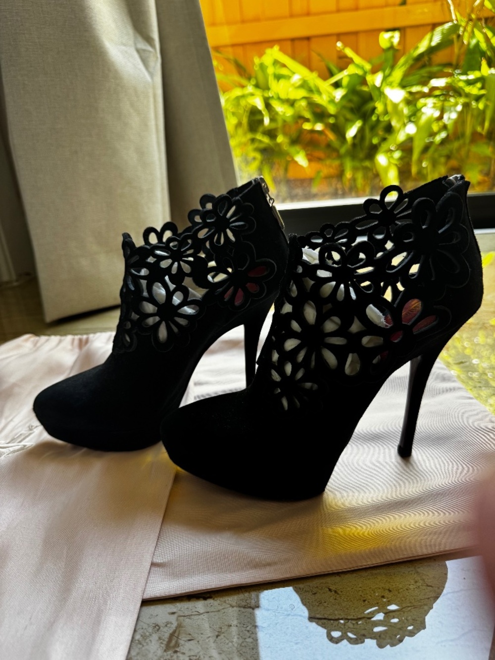 Cesare Paciotti Black Suede Laser-Cut Floral Ankle Booties